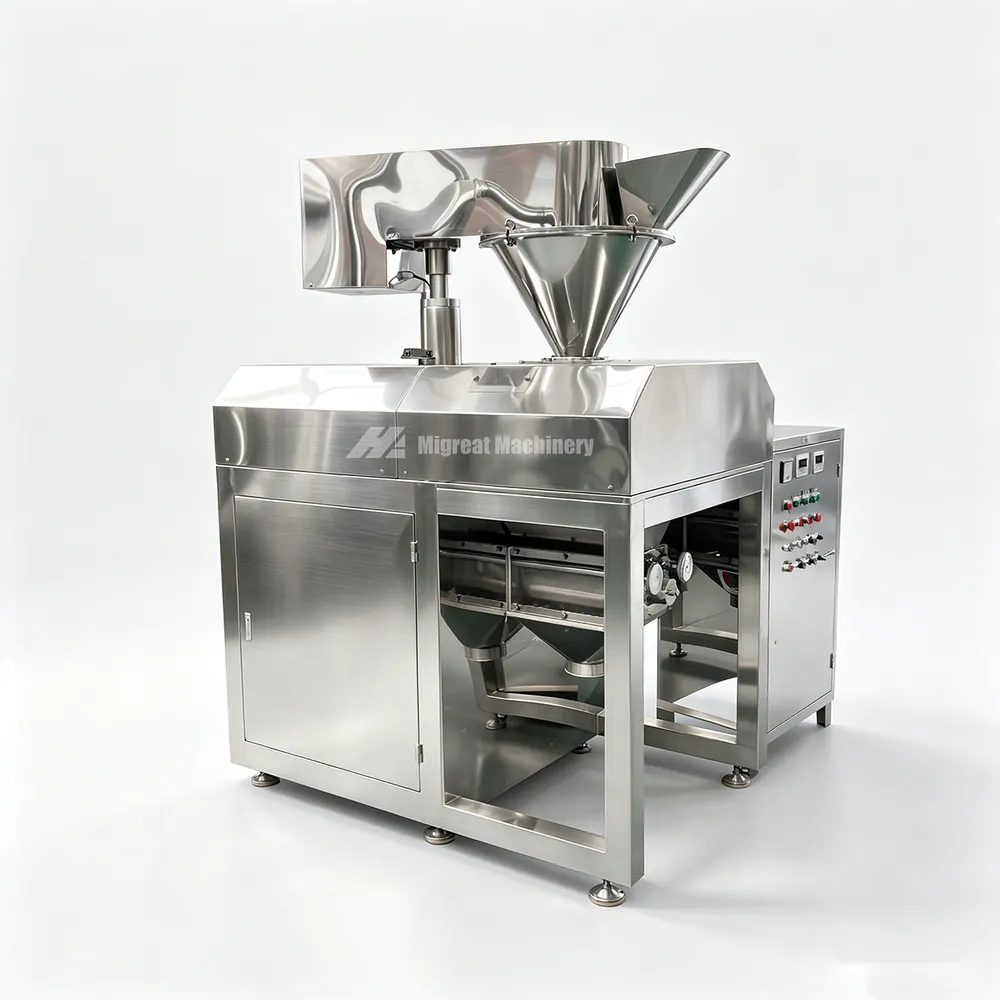 GK dry roller granulator with feed hopper, rollers and sifting stack