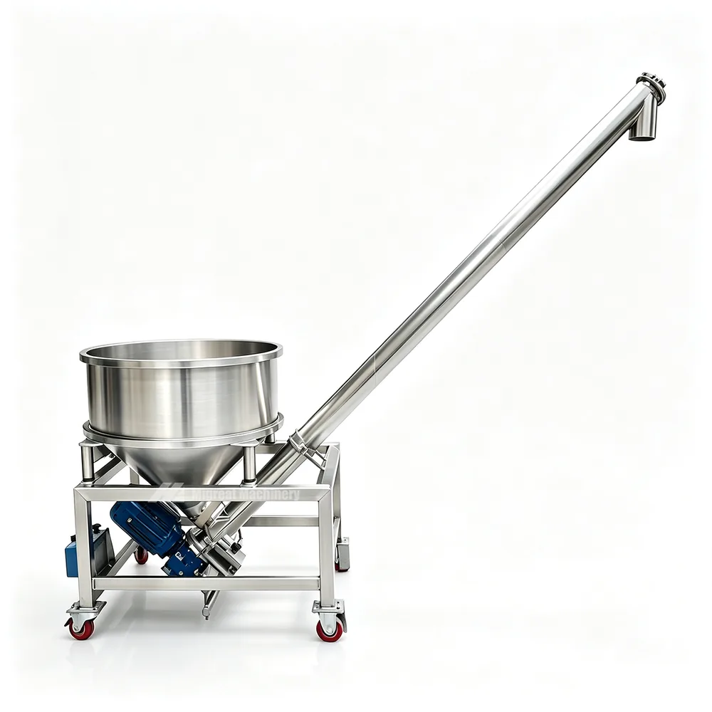 Stainless steel inclined screw conveyor with feed hopper on a mobile frame