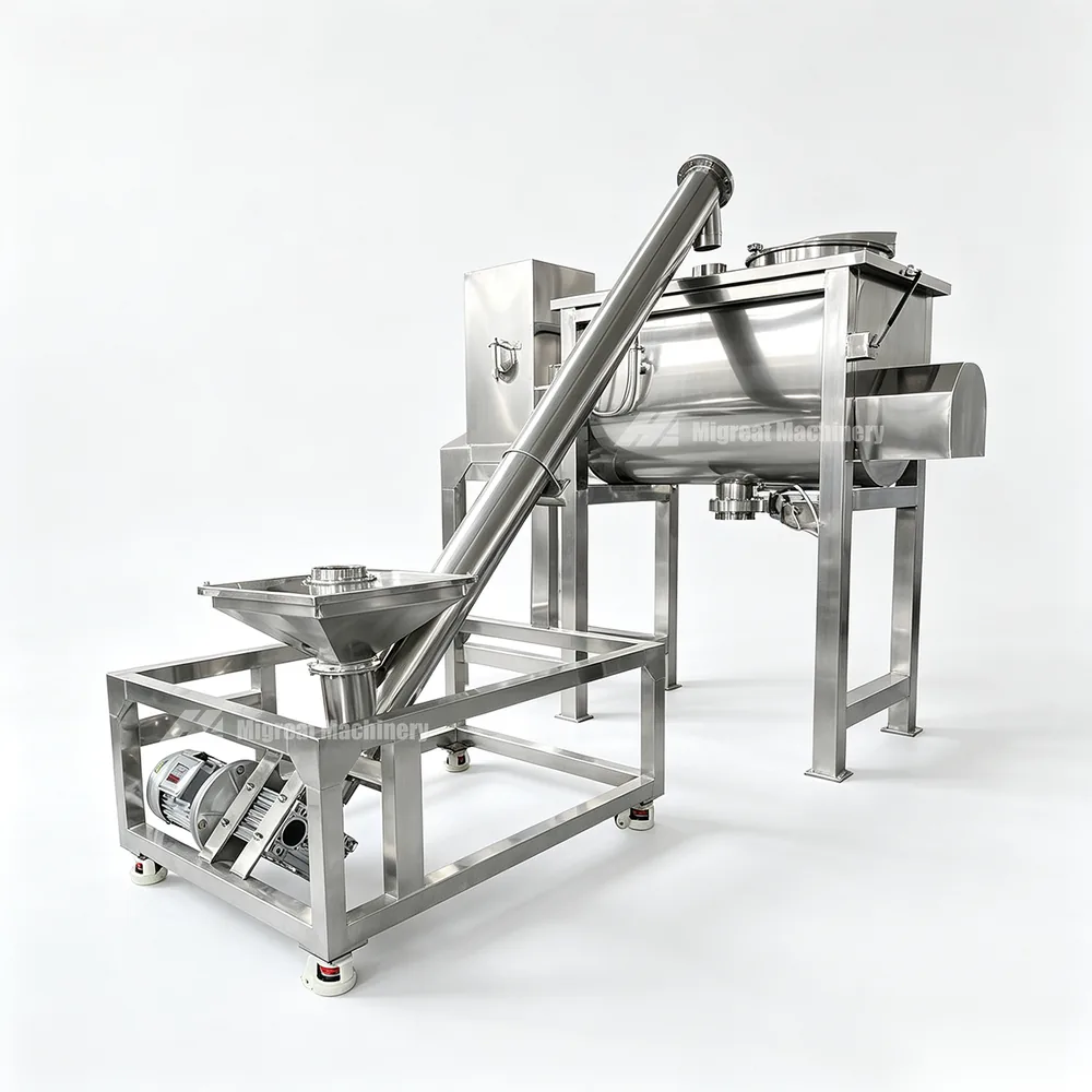 Inclined screw conveyor feeding a ribbon mixer from a hopper on a frame