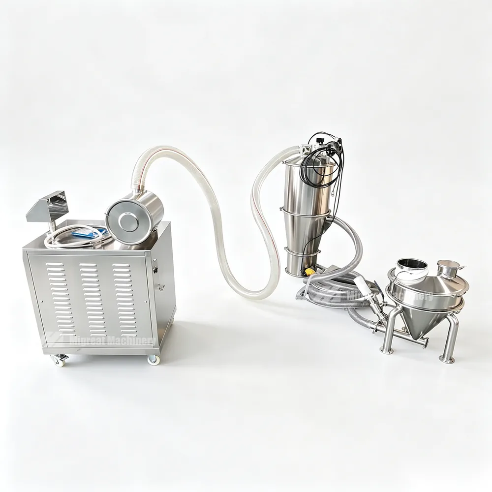 ZKS vacuum loader with hose, filter and hopper beside the receiving machine