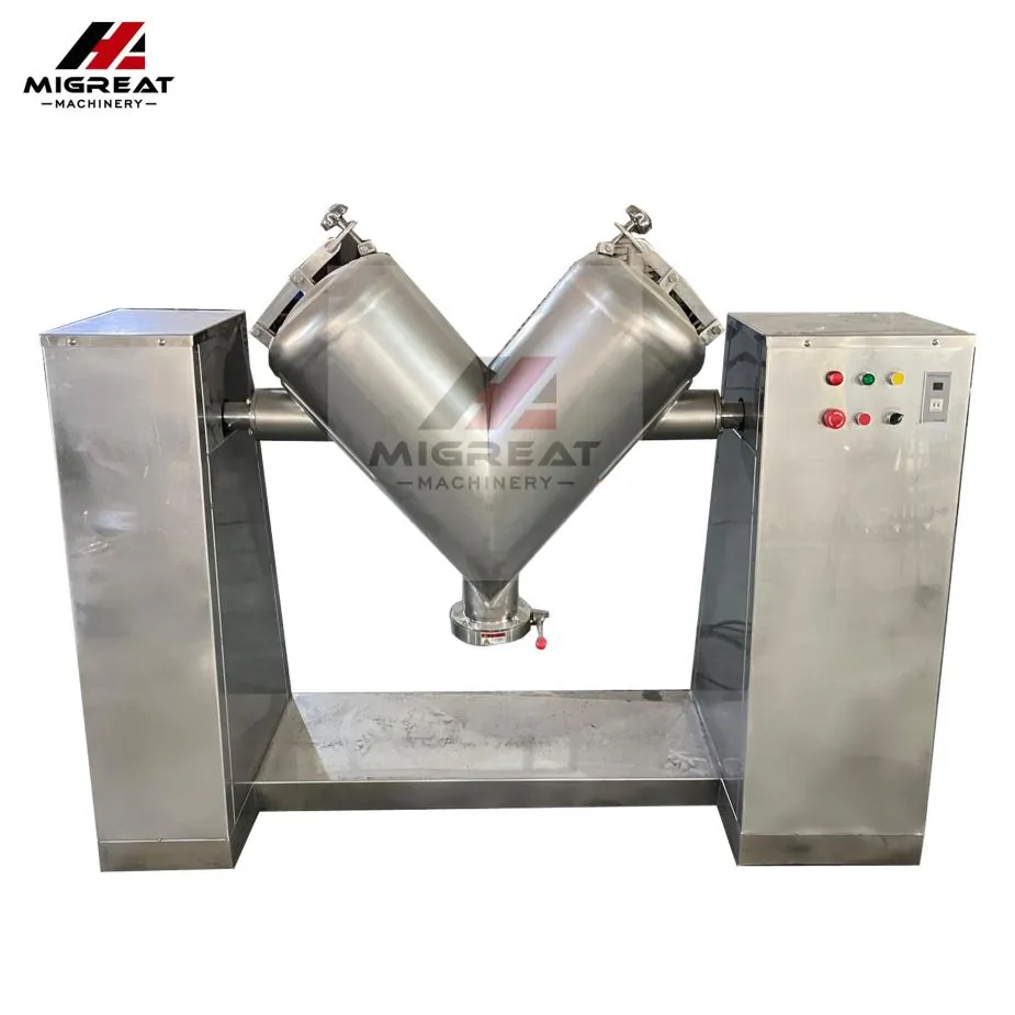 Stainless steel V blender with a V shaped barrel on a stand