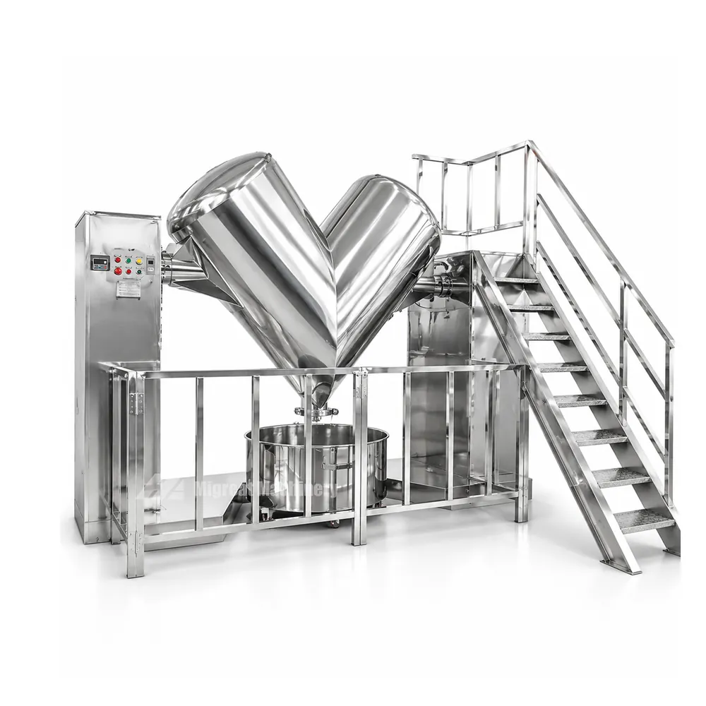 V blender on a platform with stairs and a handrail for loading