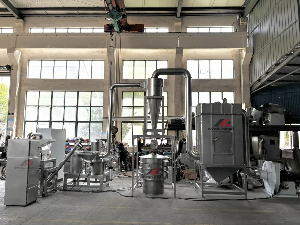 WFJ air classifier mill line with cyclone and pulse dust collector in a Migreat workshop