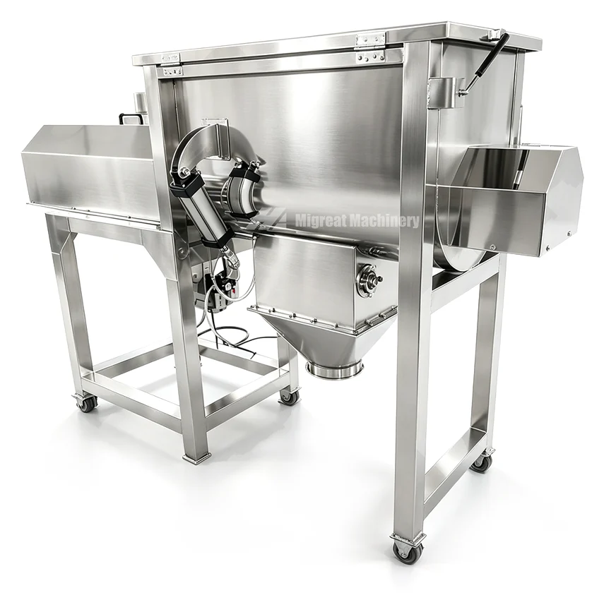 Horizontal ribbon mixer on casters with an open trough and discharge hopper