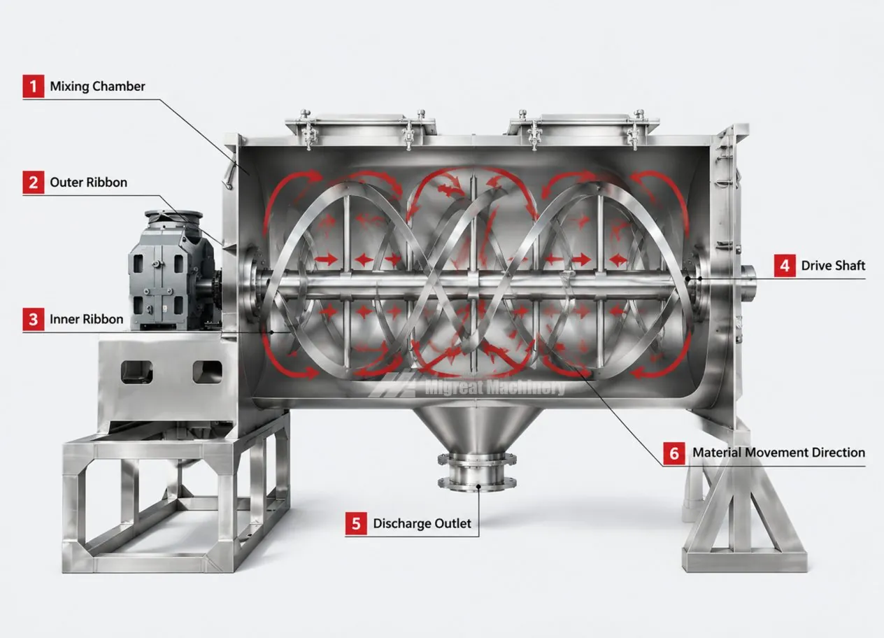 Ribbon blender cross-section showing the mixing chamber, outer ribbon, inner ribbon, drive shaft and discharge outlet
