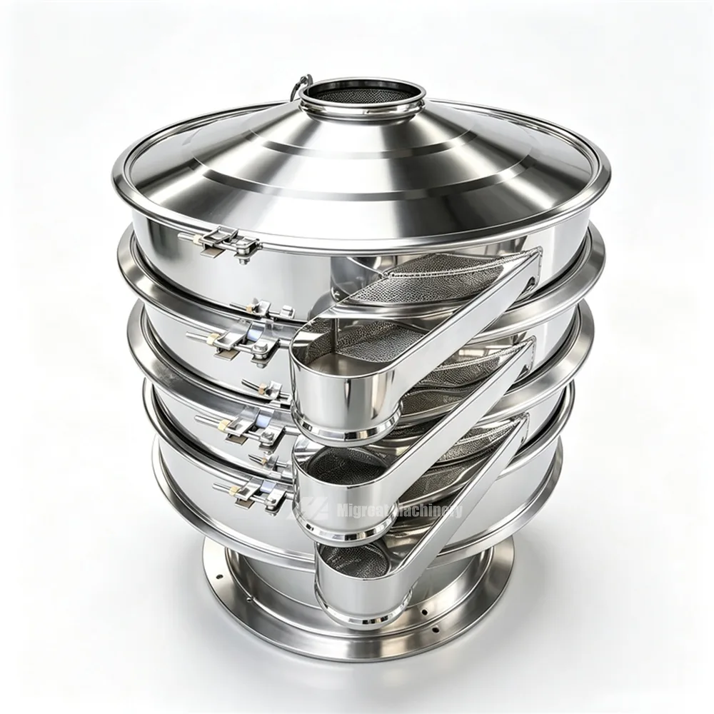 Round stainless steel vibrating sifter with stacked decks for screening powder