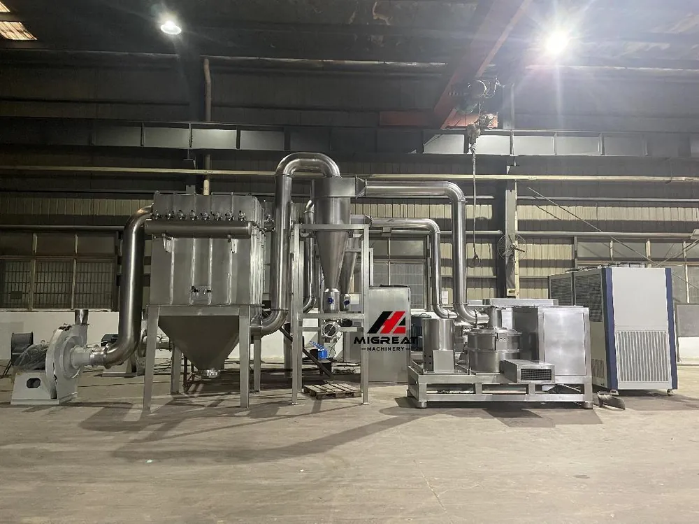Air classifier mill line with cyclone, pulse dust collector and fan in a Migreat workshop