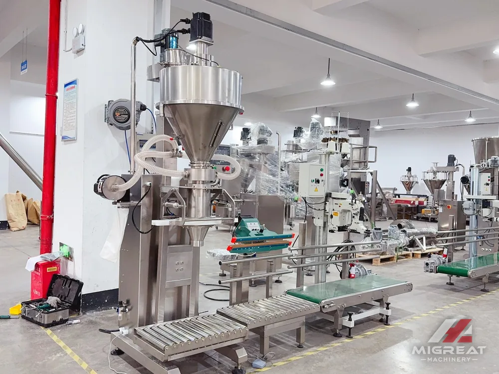 MJ-1B3+75W filling machine with roller and belt conveyors in the workshop
