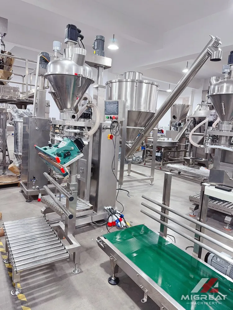 MJ-1B3+75W filling station with roller conveyor and sacks