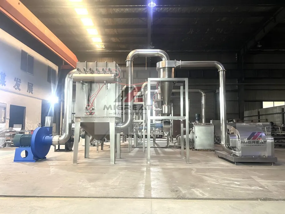 Hammer mill system with cyclone and dust collector in a Migreat workshop