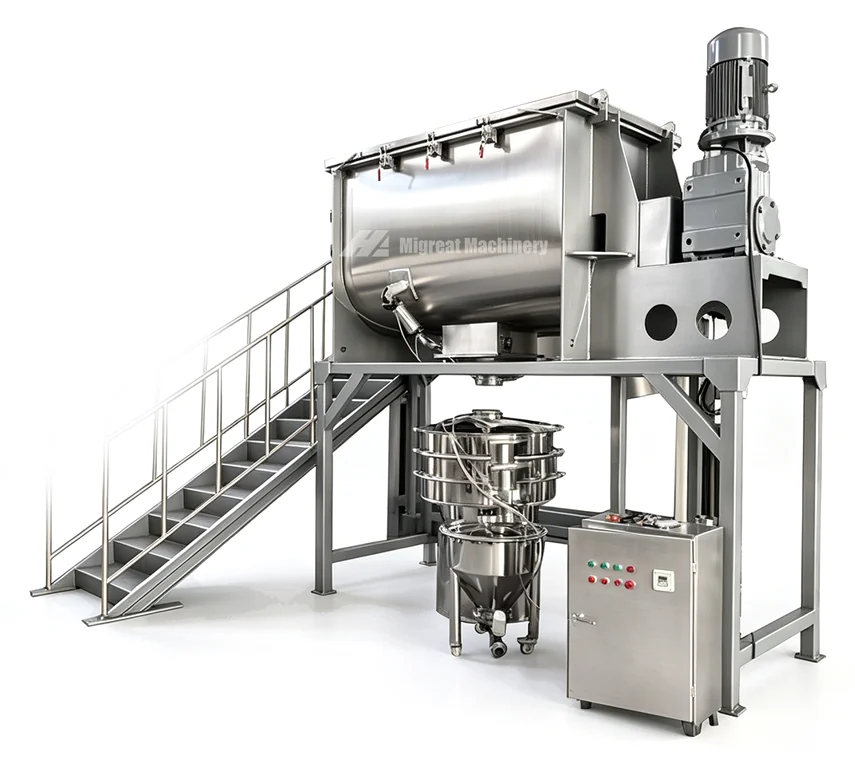Large ribbon mixer on a platform with a stair, a screen below and a control cabinet