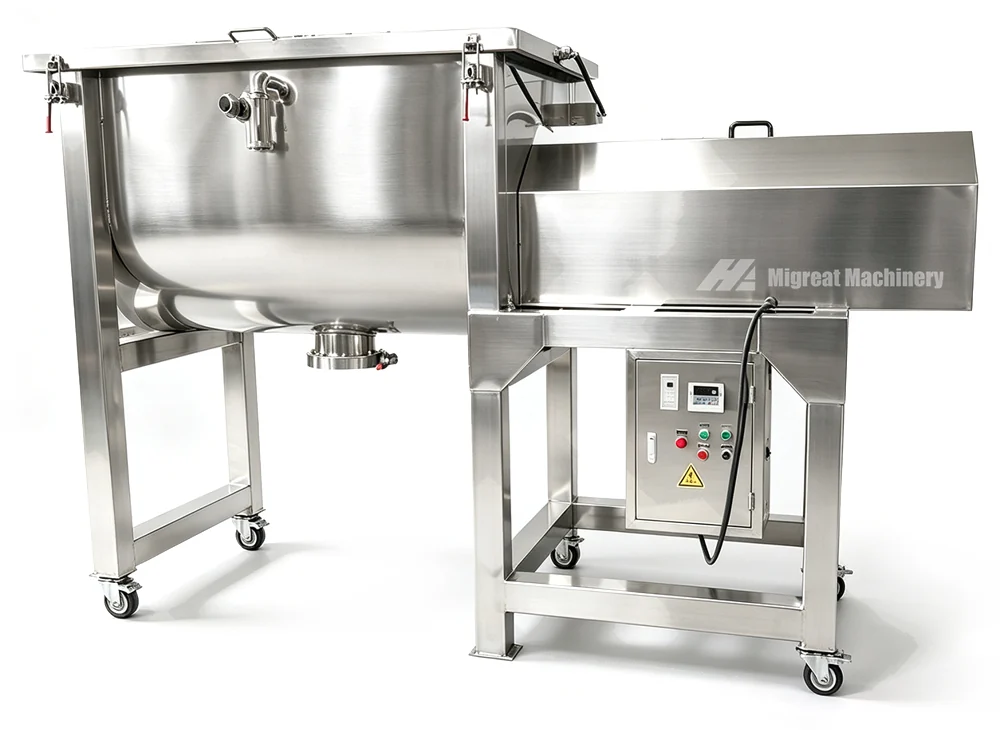 Horizontal stainless steel ribbon mixer with platform and control cabinet